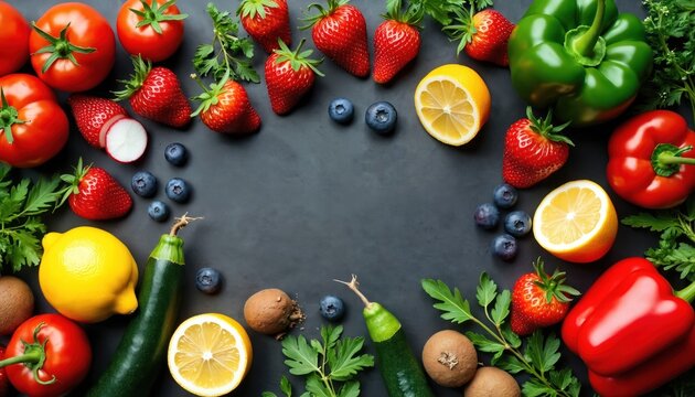 Vibrant assortment of fresh fruits, vegetables arranged on dark surface. Includes tomatoes, strawberries, lemons, blueberries, peppers, zucchini, kiwi, herbs. Offers healthy eating inspiration for - Powered by Adobe