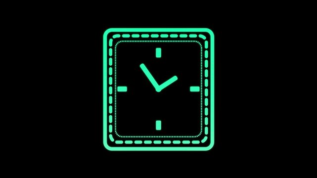 Futuristic square face  smart digital clock looping animation, Minimal glowing green neon light  ui,ux design  wallpaper on green background.	

