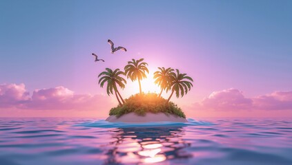 Obraz premium Serene Tropical Island at Sunset with Palm Trees and Seagulls