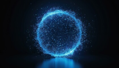 Fototapeta premium Abstract luminous sphere composed of tiny blue particles. A futuristic digital orb pulses with light against a dark background. It represents data flow or energy.
