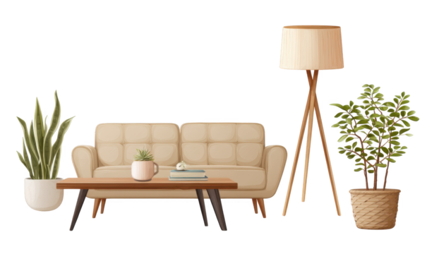 A Cozy Living Room Setup Featuring a Comfortable Sofa, Stylish Coffee Table, Elegant Floor Lamp, and Lush Indoor Plants  isolated on transparent background 