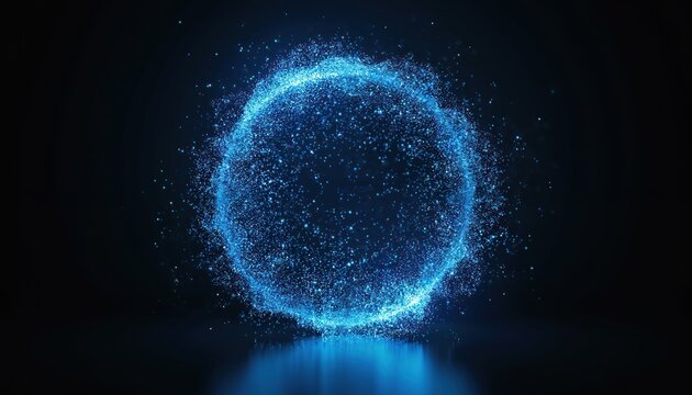 Abstract luminous sphere composed of tiny blue particles. A futuristic digital orb pulses with light against a dark background. It represents data flow or energy.
