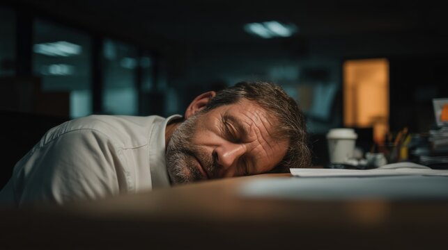 Exhausted office worker sleeping at his desk late at night, symbolizing burnout, overtime pressure and workplace stress