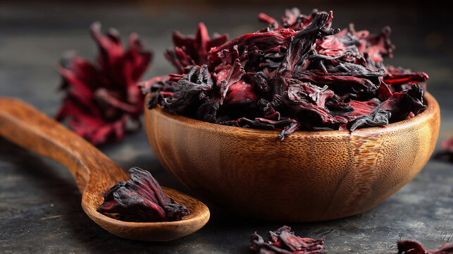 Close up photo of dried hibiscus flowers in a wooden bowl and spoon