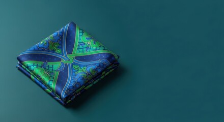 A folded silk scarf with a blue and green floral pattern sits on a teal background creating a luxurious and elegant aesthetic