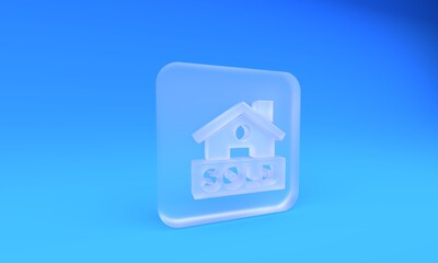 Frosted glass Hanging sign with text Sold icon isolated on blue background. Sold sticker. Sold signboard. Square frosted glass button. 3D render illustration
