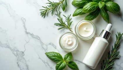 White skincare products arranged on marble surface with fresh herbs, leaves. Natural ingredients create luxurious wellness composition. Flat lay organic beauty solutions for healthy skin.