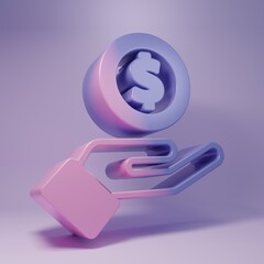 Purple Human hand giving money icon isolated on purple background. Receiving money icon. Minimalism concept. 3D render illustration