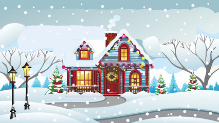 Illustration of a cozy house decorated with christmas lights in a snowy winter wonderland scene outdoors