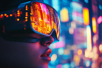 Focused person using high-tech vr headset in neon futuristic space, digital scanning interface, generative AI