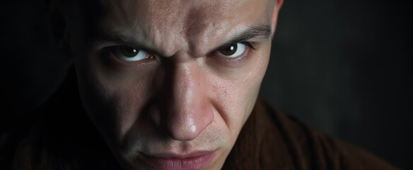 The furrowed brow reveals a tense and troubled moment of inner conflict.