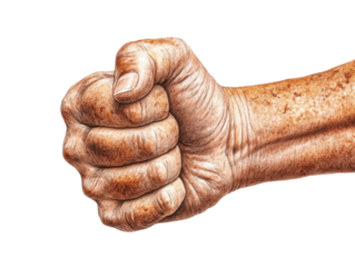 A Close-Up of a Strongly Clenched Fist Symbolizing Determination, Resistance, and Power Against Adversity with Detailed Textures and Skin Tone isolated on transparent background 