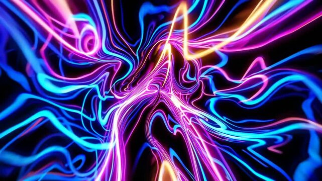 Colorful abstract patterns swirl and pulse through a digital space filled with vibrant hues and dynamic movements