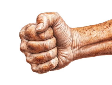 A Close-Up of a Strongly Clenched Fist Symbolizing Determination, Resistance, and Power Against Adversity with Detailed Textures and Skin Tone isolated on transparent background  - Powered by Adobe