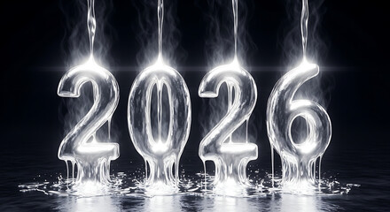 2026 glowing liquid numbers with steam on dark background
