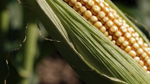 Harvesting fresh corn in a sunny field during the summer, showcasing golden kernels and green husks