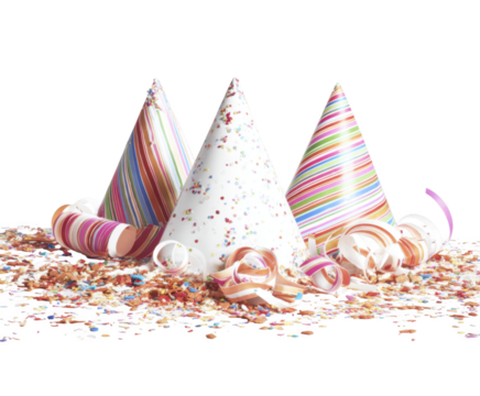 Colorful Party Hats Surrounded by Sparkling Confetti, Streamers, and Decorations for a Vibrant Celebration Atmosphere isolated on transparent background 