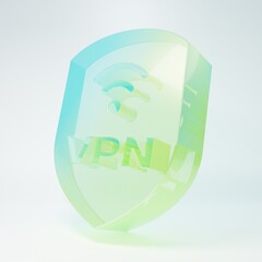 Frosted glass Shield with VPN and wifi wireless internet network symbol icon isolated on white background. VPN protect safety concept. Minimalism concept. 3D render illustration