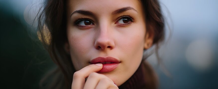 The woman bites her lip with a thoughtful and quietly intense pensive expression