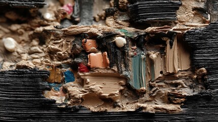 A highly textured abstract artwork featuring thick impasto paint, mixed media elements, and a rich, tactile surface. The close-up view reveals layers of paint i