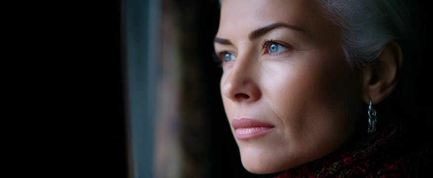 The woman’s thoughtful expression reflects a serene and contemplative mood through the window.