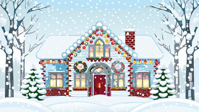 A festive house adorned with christmas lights and wreaths stands amidst a snowy winter wonderland scene - Powered by Adobe
