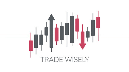 A stock market candlestick chart displays trading trends with upward and downward movements.