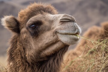 Fototapeta premium A Comical Camel with Flapping Lips Chewing Grass, Playfully Glancing at the Camera in a Macro Nature Shot