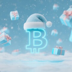 Bitcoin Christmas Concept with Santa Hat and Floating Gifts