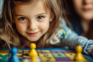 Child focused on a chess game with intense expression and wooden pieces on board, early strategy learning, generative AI
