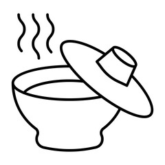 Hot soup in plate thin line icon, japanese food concept. Vector graphics. Plate of hot dish and lid sign on white background, style icon mobile or web design.