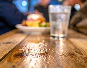 Refreshing glass of water leaving condensation droplets on a rustic wooden dining table during a