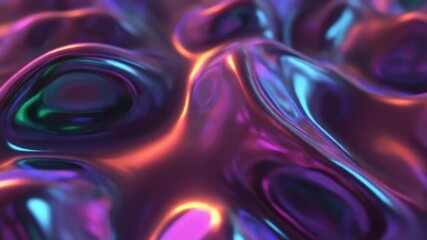 Abstract background of a vibrant, iridescent liquid metal surface with flowing holographic waves and neon purple and blue reflections - Powered by Adobe