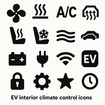 Ev interior climate control and function icons set in black and white