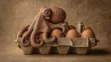 Realistic Octopus Holds Egg Carton on Organic Backdrop Promoting Sustainable Farming Techniques