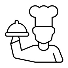 Chef cooker with dish thin line icon, cooking concept. Vector graphics. Man and tray in his hand, cook service sign on white background, style icon mobile or web design.