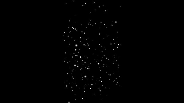 Flying through white shining stars . Christmas Snowfall Background Loop. snow flakes slowly falling densely against black background. Vertical animation of snow particles .