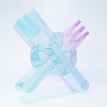 Frosted glass Crossed fork icon isolated on white background. Cutlery symbol. Minimalism concept. 3D render illustration