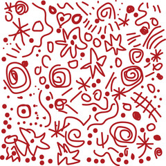 Whimsical red doodles and swirls on a white background