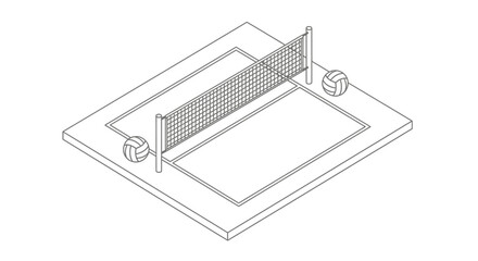Isometric illustration of a volleyball court with a net, two balls, and boundary lines.