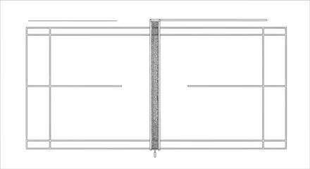 A schematic diagram of a tennis court with a net in the center, illustrating the court's dimensions and lines.