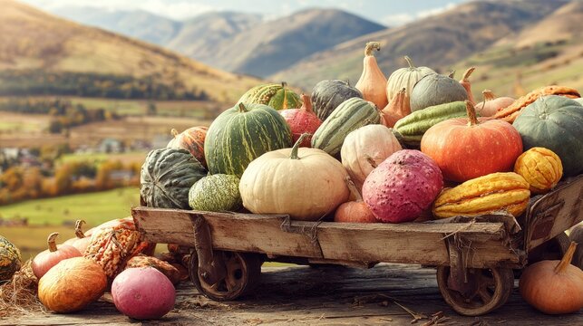 Assortment of colorful pumpkins and gourds in a wooden cart autumn harvest