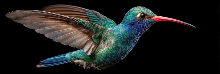 Obraz premium Broad-Billed Hummingbird in Mid-Air: Captivating Flight of a Colorful Avian Wonder