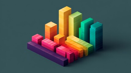 Colorful 3D Bar Graph Displaying Data Representation with Vibrant Gradient Colors in a Minimalist Style on a Teal Background