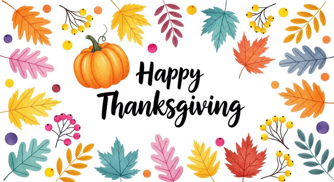 Thanksgiving's Festive Banner: A vibrant Thanksgiving message with seasonal leaves and a cheerful pumpkin, inviting warmth and the spirit of gratitude and appreciation.