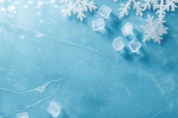 Frozen Winter Background with Ice Cubes and Snowflakes