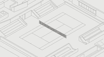 Isometric architectural illustration of a tennis court with surrounding structures and details.