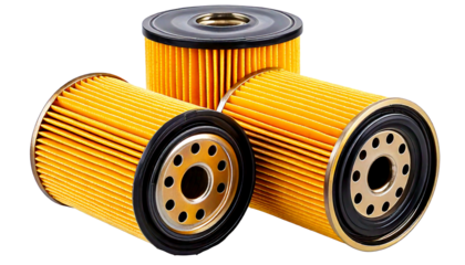 Three New Car Engine Oil Filters Close Up View Golden Yellow and Black Color Cylindrical Sha.png
