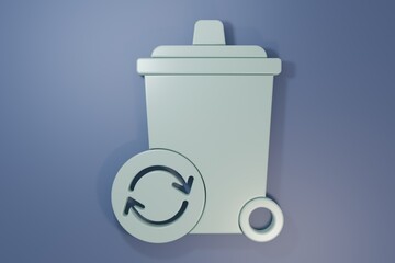Grey Recycle bin with recycle symbol icon isolated on purple-blue background. Trash can icon. Garbage bin sign. Recycle basket sign. Minimalism concept. 3D render illustration