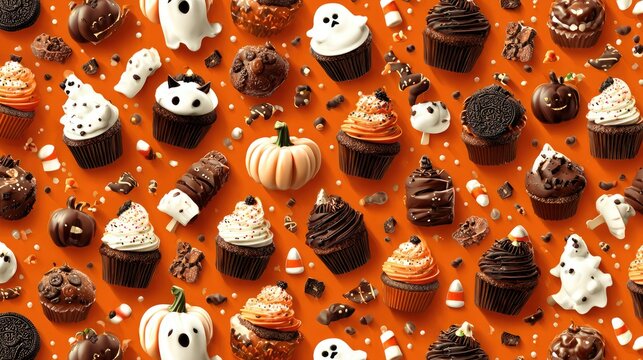 Assortment of halloween cupcakes and pumpkins on orange background